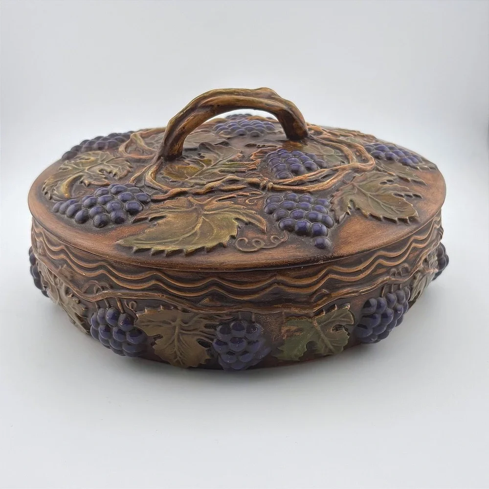 Vintage 1968 Arnels Ceramic Grapes Vines Lidded Dish Brown‎ Purple Rustic MCM
